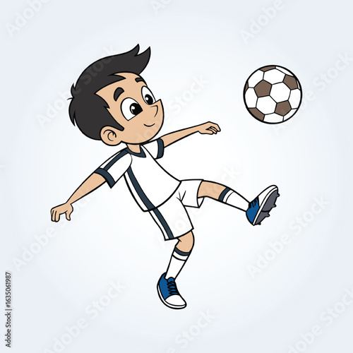 an character illustration of a boy playing soccer