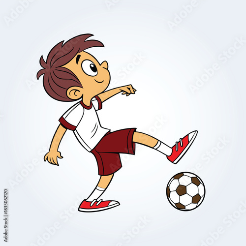 an character illustration of a boy playing soccer in kit