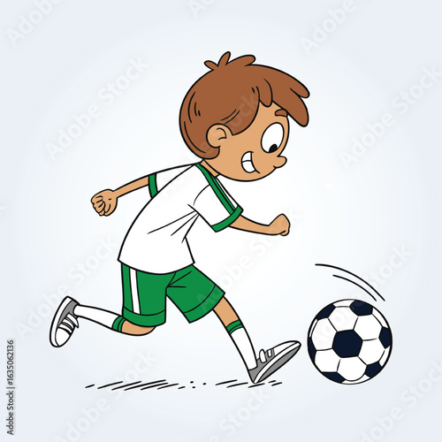 an character illustration of a boy playing soccer ball kicking