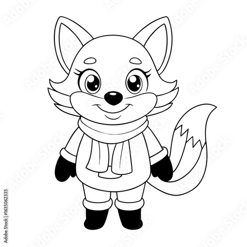 printable happy fox wearing mittens outline