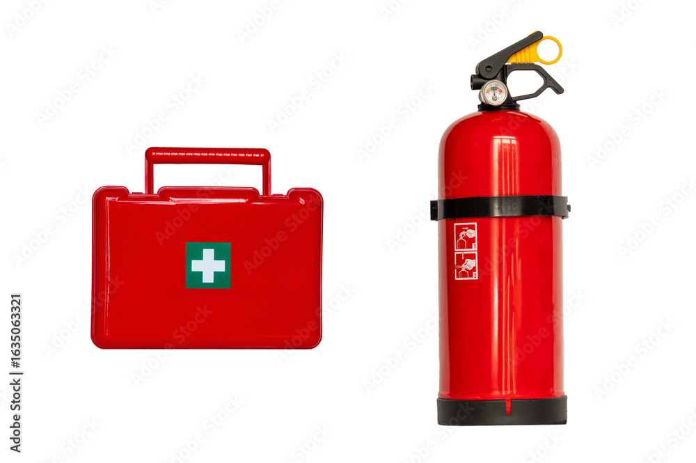 Obraz premium fire extinguisher and first aid kit isolated on white background
