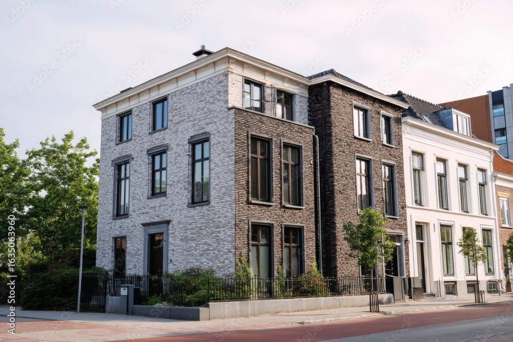 Naklejka premium In a vibrant urban neighborhood, the harmonious fusion of modern architecture and classic design can be seen basking in the warm sunlight of a beautiful afternoon