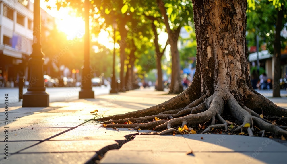 Obraz premium Sunset tree roots in urban cityscape nature photography serene environment ground-level perspective
