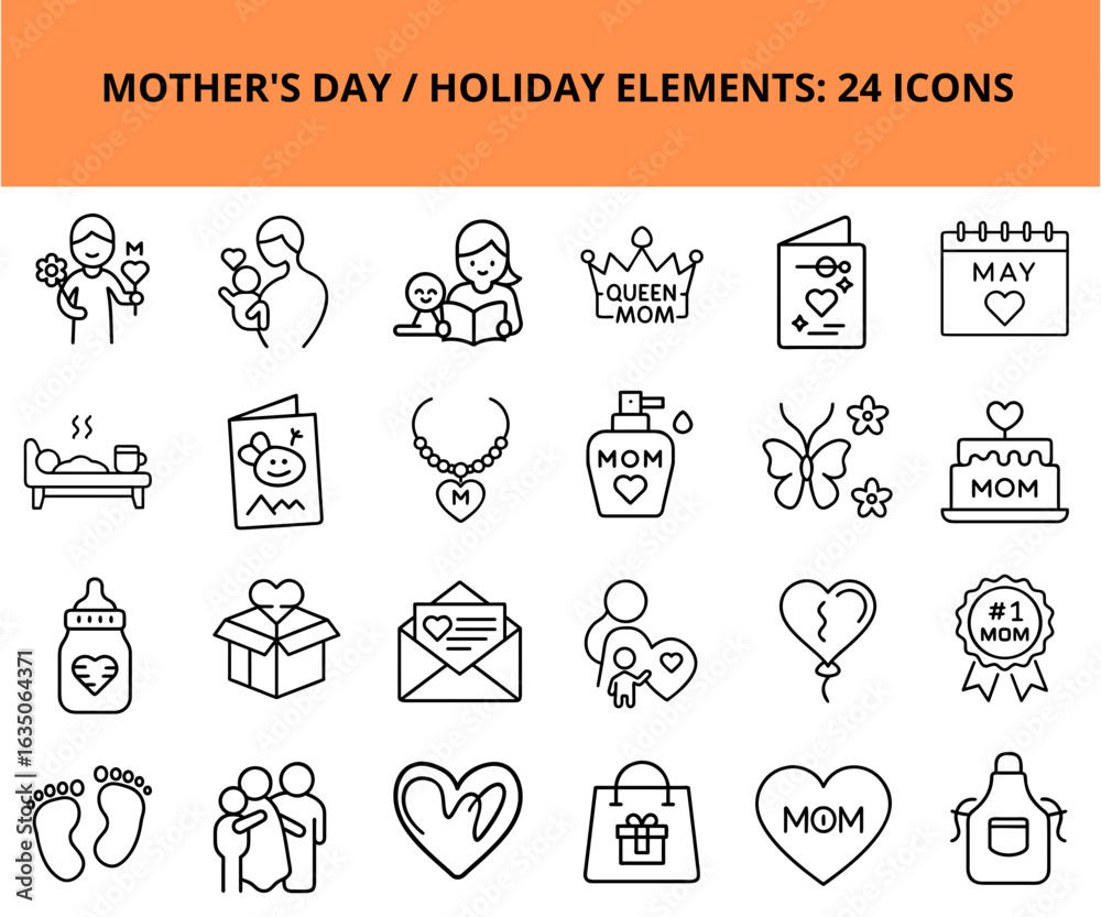 Fototapeta premium Mother's Day icons set featuring gift, flowers, and family celebrations 