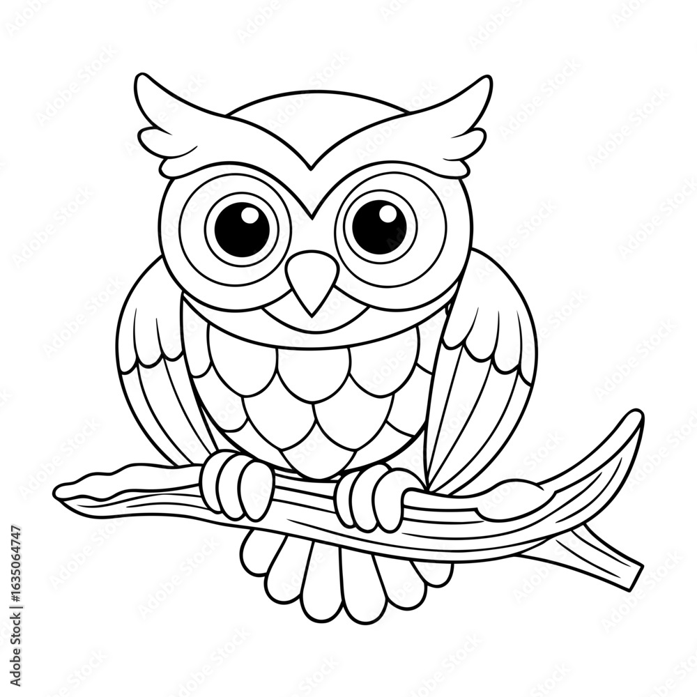 Fototapeta premium printable cheerful owl perched on branch outline