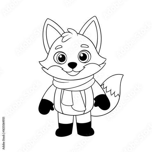 printable happy fox wearing mittens outline