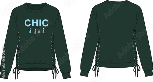 Trendy sweatshirt with side lace-up and tassel details, front and back flat sketch, modern casual top design, cad drawing flat vector illustration