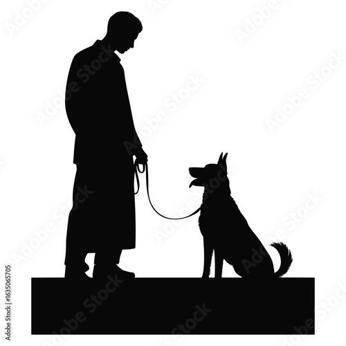 Man training a dog on a leash silhouette