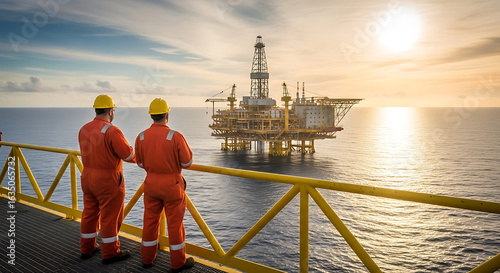 Two offshore workers in orange overalls and hard hats stand on a platform looking at an oil rig at sunset