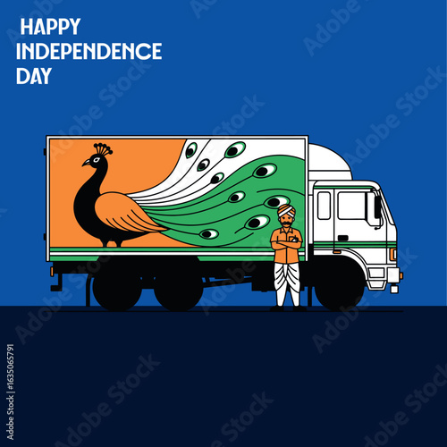 A proud Indian truck driver stands beside his lorry, decorated with a stunning peacock and tricolor design, celebrating the nation's 79th Independence Day with patriotic flair.