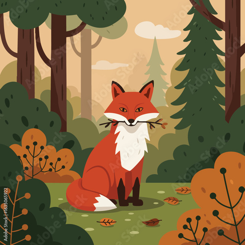Red fox sitting in autumn forest with pine and deciduous trees illustration vector art 