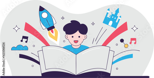 A young boy immersed in reading imagining adventures of space castles and music inspiring education and imagination