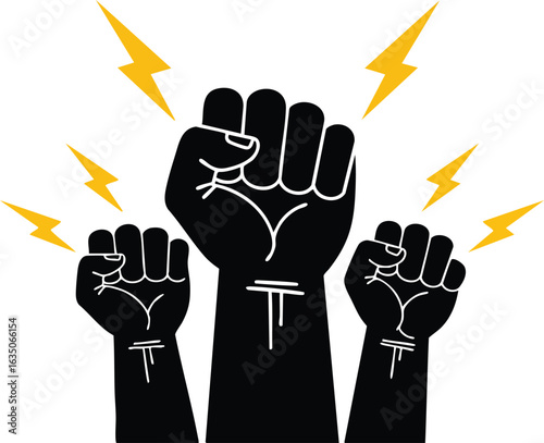 Raised fists power symbol with yellow lightning bolts vector illustration for protest and activism movements 