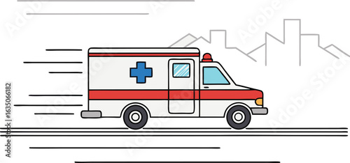 Ambulance rushing towards emergency simplified illustration on white background with city silhouette