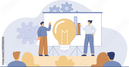 Business team presentation showing innovative ideas and strategies with projectors and graphs in modern style