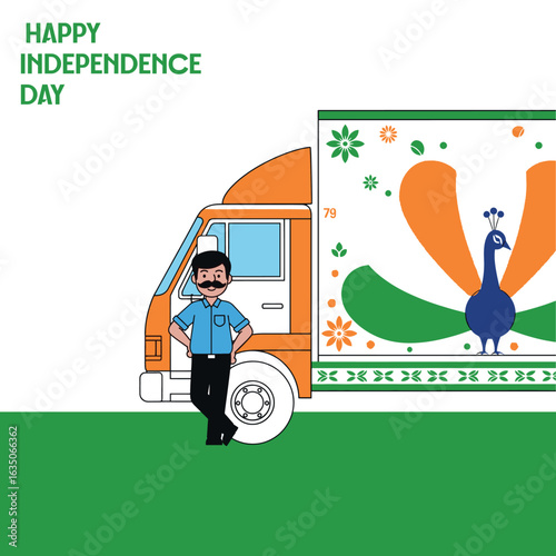 A cheerful truck driver stands proudly beside his beautifully decorated truck, showcasing a peacock and tricolor design for India's 79th Independence Day.