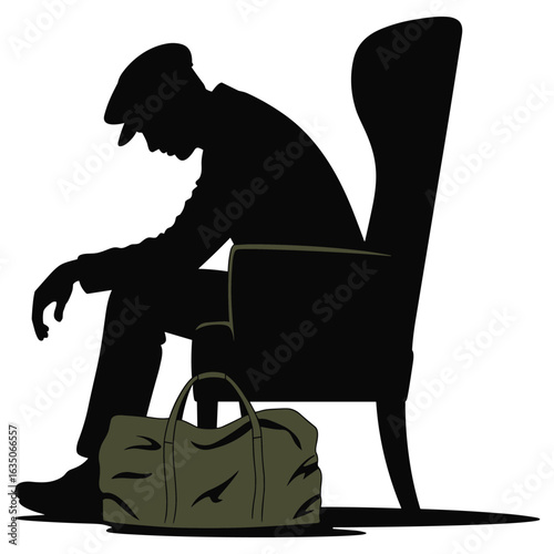 Man in hat sitting in chair with duffel bag silhouette