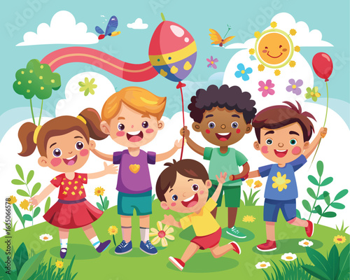 Cheerful Children's Day card showcasing children enjoying playtime in a lively park environment.