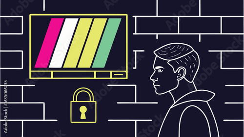 Digital surveillance and data security concept illustration featuring a man observing encrypted screen with lock on wall