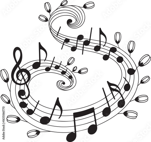 Elegant musical notes with floral accents staff treble