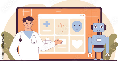 Doctor presenting healthcare data alongside robot assistant ai in modern medical illustration design