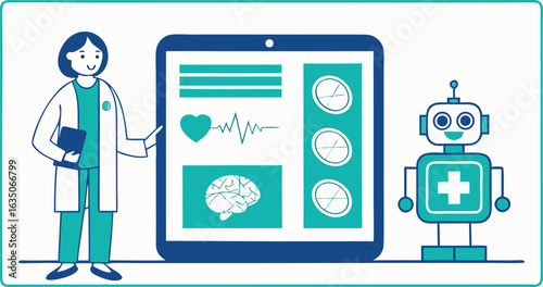 Doctor using tablet technology with robot assistant in healthcare illustration with medical symbols and analytics data