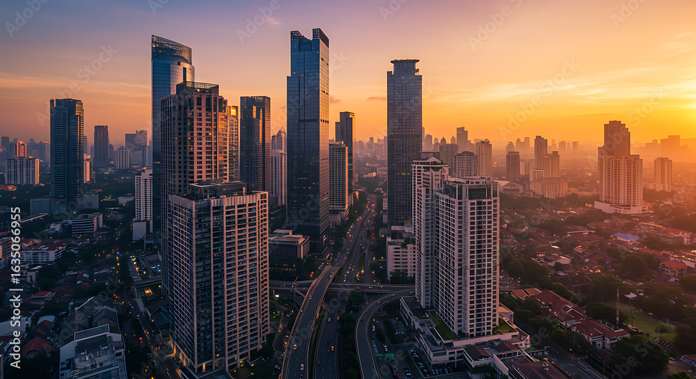 Obraz premium Golden Hour Cityscape Modern Architecture at Sunset in Jakarta