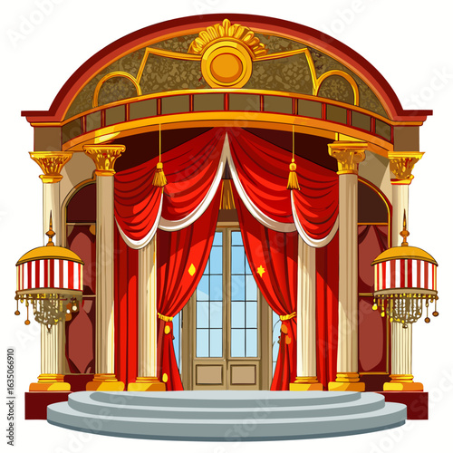 Vintage Opera House Interior with Red Curtains and Chandeliers Vector