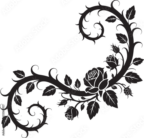 Ornate thorny rose vine with leaves and berries black white