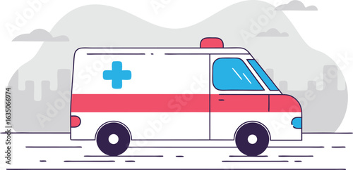 Flat illustration of an ambulance responding to emergency situations ready to aid patients in need of medical attention
