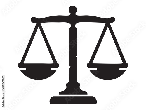 Black silhouette of balanced scales isolated on white background. concept of justice, law, equality, legal system, icon, symbol, fairness, design element