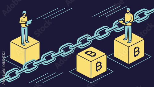 Isometric illustration depicting blockchain technology connecting individuals to bitcoin cubes representing financial transactions and cryptocurrencies