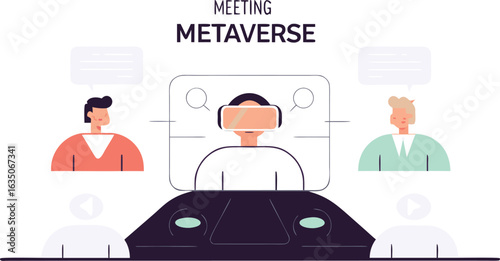 Metaverse meeting illustration depicting virtual reality communication and collaboration in a modern digital environment featuring avatars and thought bubbles