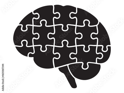 Black silhouette of puzzle brain isolated on white background, illustration. concept of intelligence, mental health, education, problem-solving, mind, puzzle piece, design element