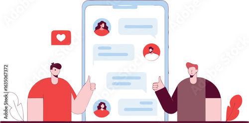 Online communication illustration depicting messaging app interface and people interacting with messaging application