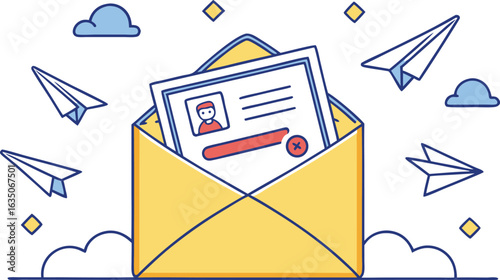 Rejected application concept with envelope resume and paper airplanes illustrating a declined job offer or communication