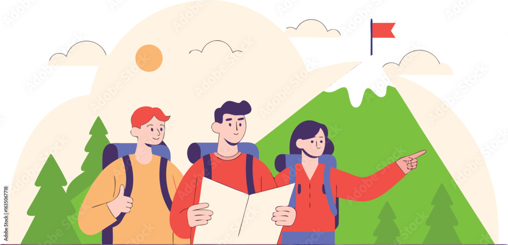 Fototapeta premium Three happy hikers navigating with map towards reaching mountain peak flag in a vector flat illustration.
