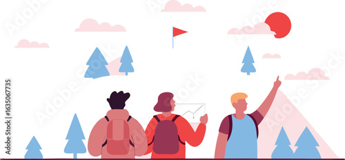 Three people with backpacks hiking in the mountains under a sunny sky and clouds and trees, planning their adventure on the trails.