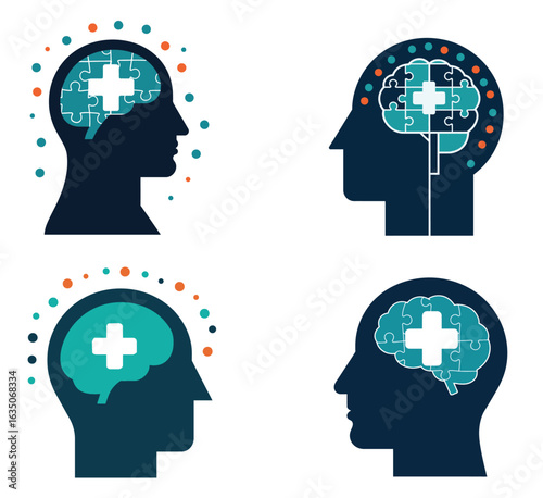 Mental Health Brain Psychology Vector Icons Set - Medical Mind Wellness Therapy Psychiatry Symbol Collection