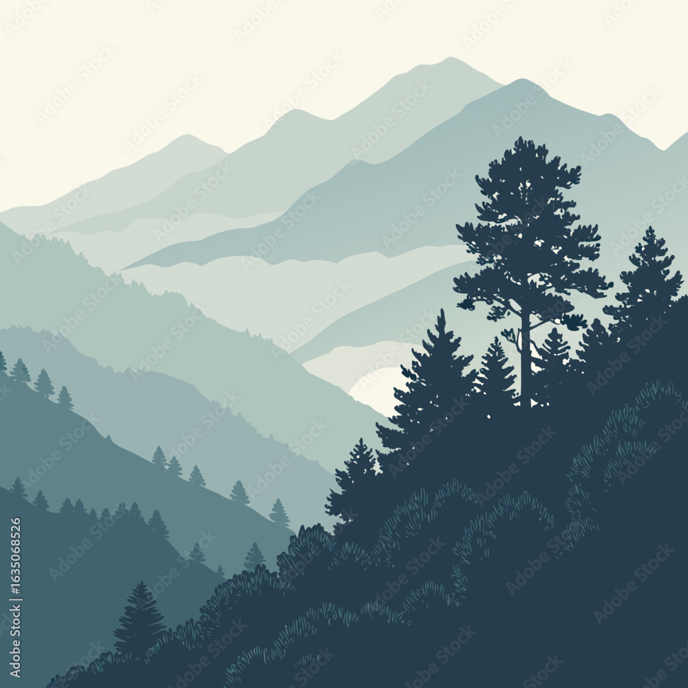 Fototapeta premium Minimalist mountains with soft layers and gradient fog.