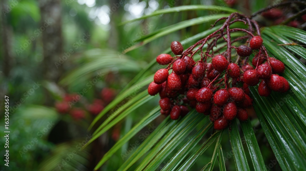 Obraz premium Glossy red seeds on Lipstick Palm with distant peat swamp forest in Malaysia