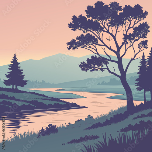 Landscape at sunset with reflection in the water.