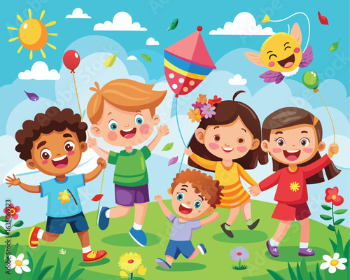 Children's Day greeting card depicting kids happily playing in a vibrant park filled with greenery