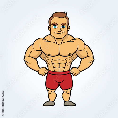 A cartoon character illustration of a bodybuilder man in open arms and a red boxer