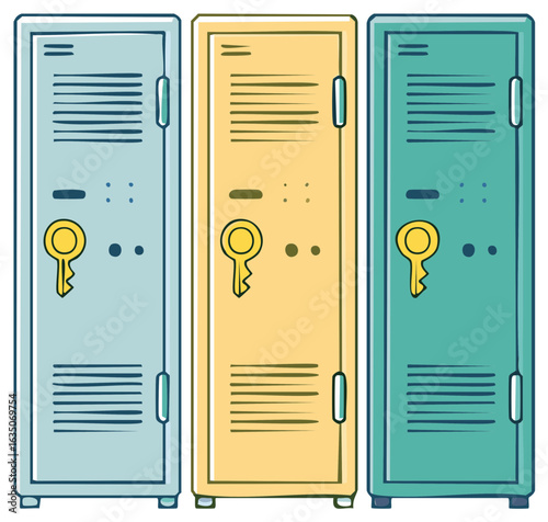 Three colorful school lockers with keys and handles, illustration