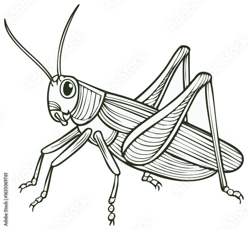 Detailed Line Art Drawing of Grasshopper with Long Antennae and Segmented Legs
