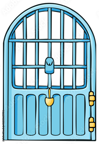 Cartoon illustration of light blue arched barred gate with golden lock mechanism and hinges