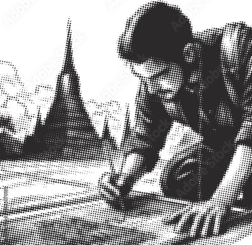 Monochrome Halftone Art: A Man Drawing on the Ground with Focused Dedication