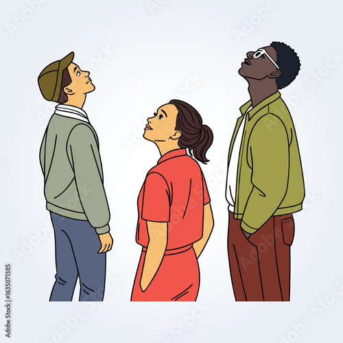 An illustration of people looking up at the sky, 