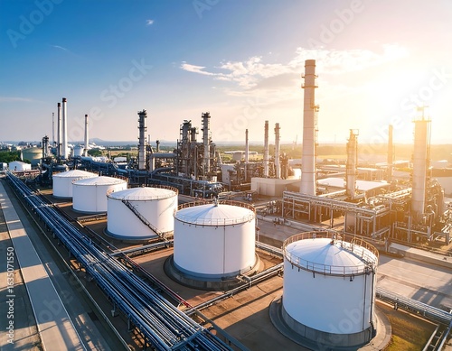 Industrial refinery complex under a bright sky